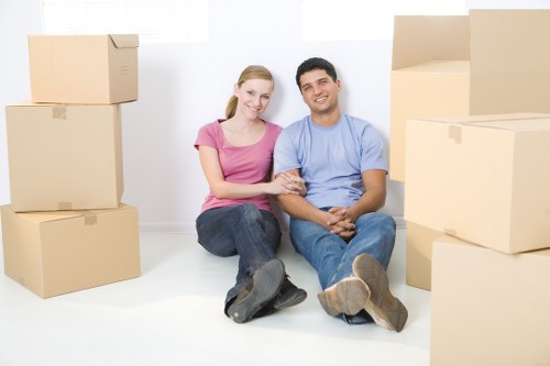Packed boxes and furniture prepared for a flat removal in Marylebone