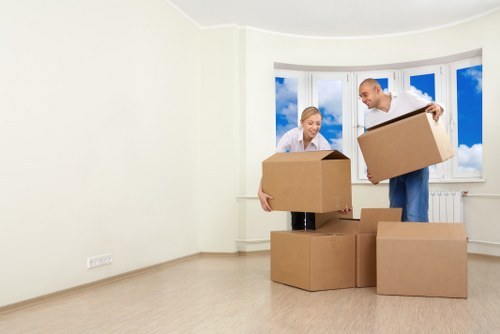 Packed boxes and furniture prepared for a Marylebone home move